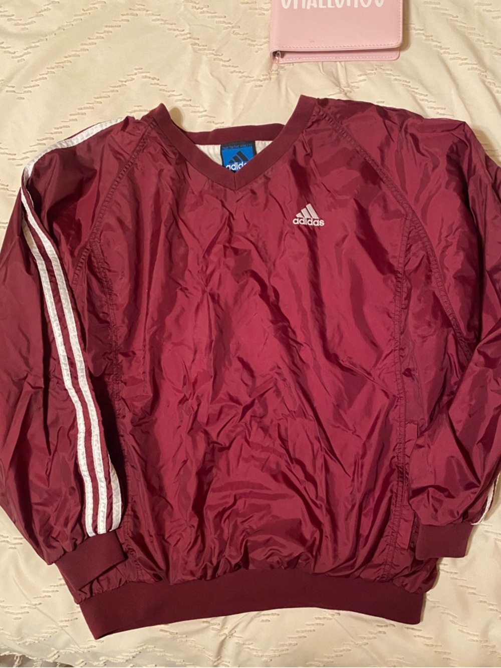 adidas Burgundy Windbreaker with White Sleeve Stripes